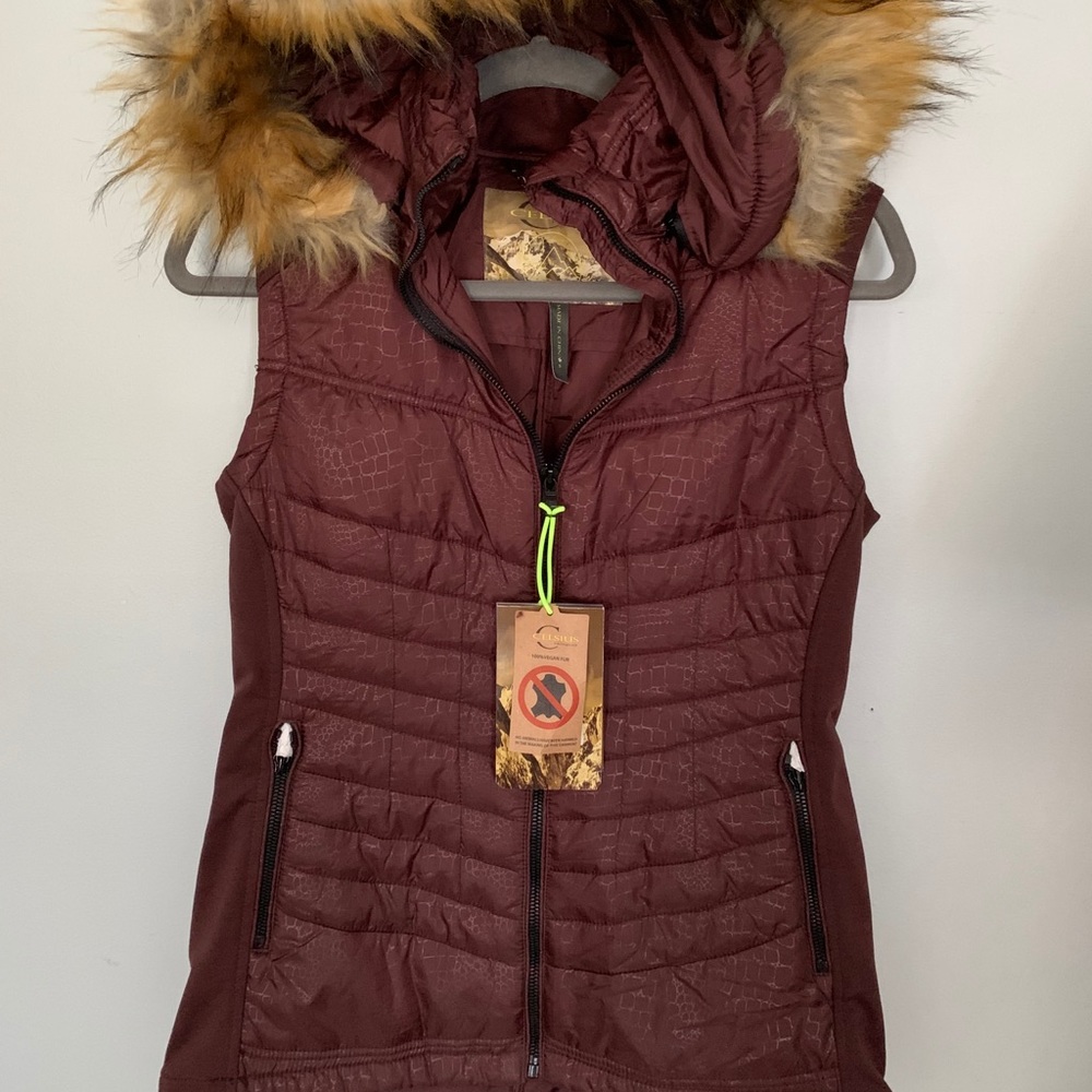 Celsius Premium, NWT, Vegan Fur Vest in Wine Color